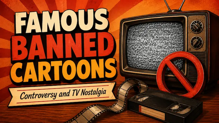 Famous banned cartoons - retro TV, VHS tape, film strip and prohibition sign