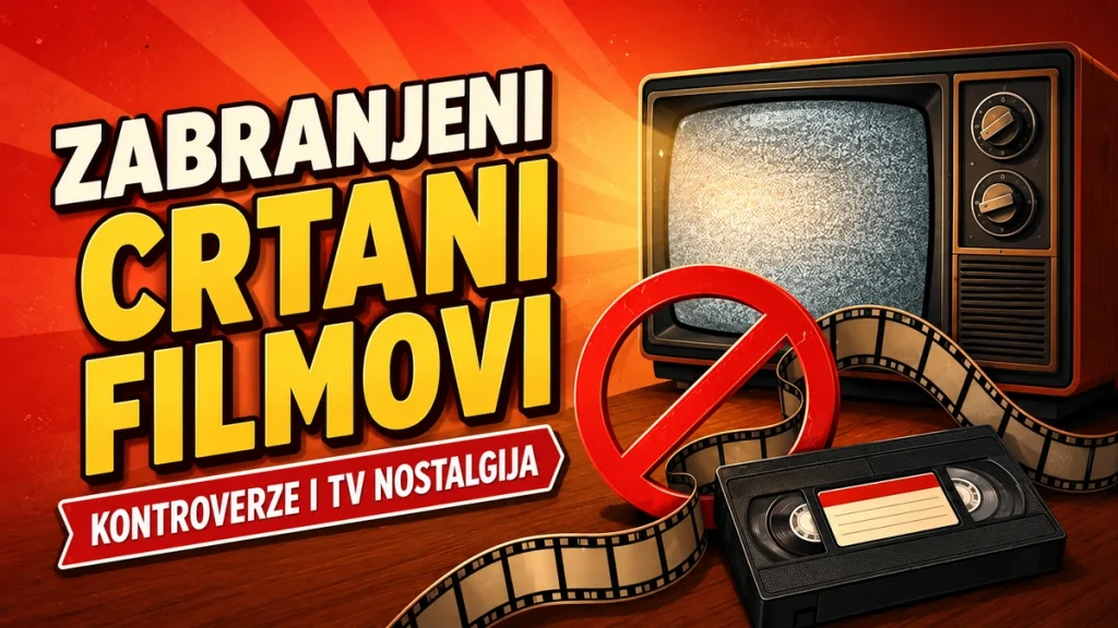 Ilustracija retro televizora, VHS kasete i znaka zabrane uz natpis „Zabranjeni crtani filmovi“