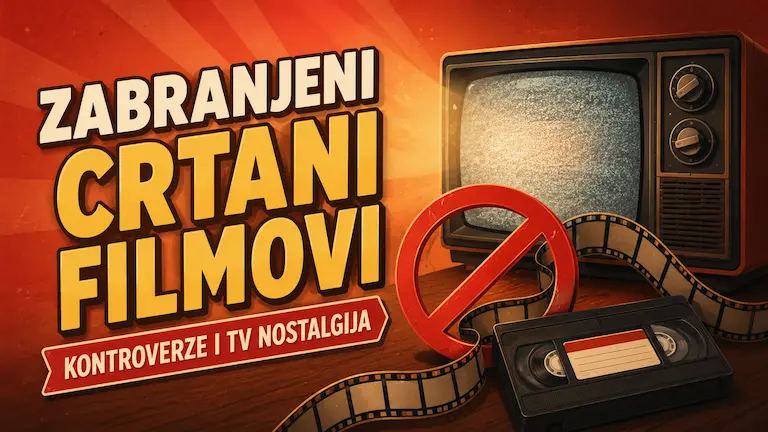 Zabranjeni crtani filmovi - retro televizor, VHS kaseta, filmska traka i znak zabrane