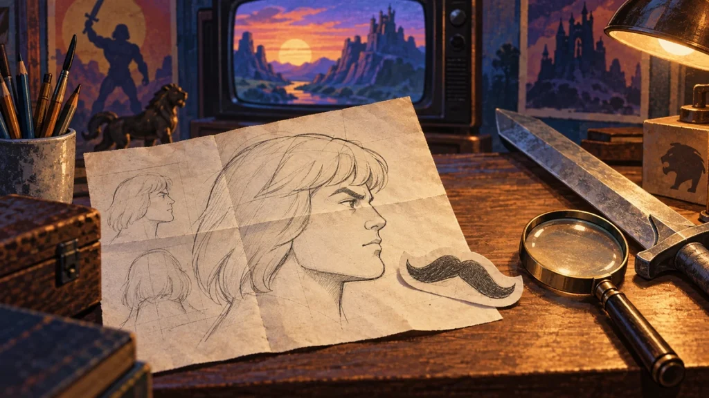 Ilustracija skice He-Mana bez brkova, uz papirne brkove na crtačkom stolu