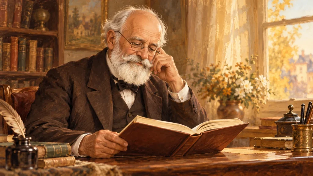 AI illustration inspired by Serbian poet Jovan Jovanović Zmaj, reading an open book in a warm, old-fashioned study.