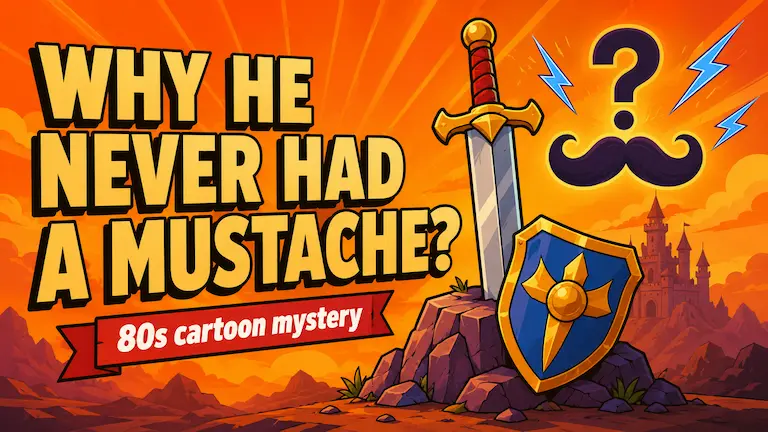 Why he never had a mustache - retro fantasy illustration with sword, shield, castle and mustache icon