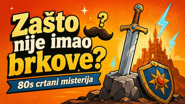 Retro fantasy ilustracija sa mačem, štitom, zamkom i simbolom brkova u stilu crtanih filmova iz 80-ih