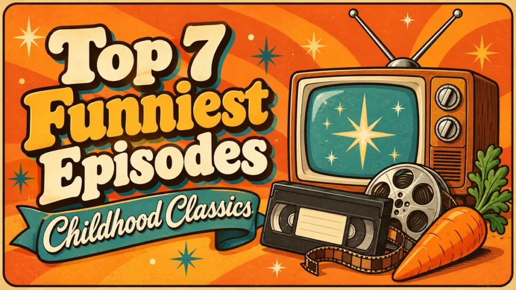 Retro television, VHS tape, film reel and carrot beside the words “Top 7 Funniest Episodes”.