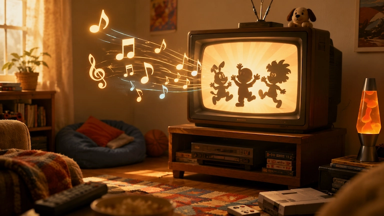 Retro televizor sa crtanim filmom i muzičkim notama