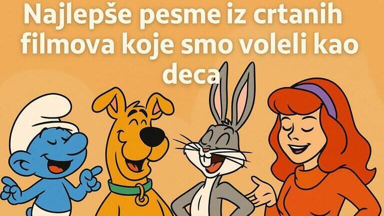 Likovi iz crtanih filmova pevaju u šarenoj ilustraciji sa naslovom bloga "Najlepše pesme iz crtanih filmova koje smo voleli kao deca