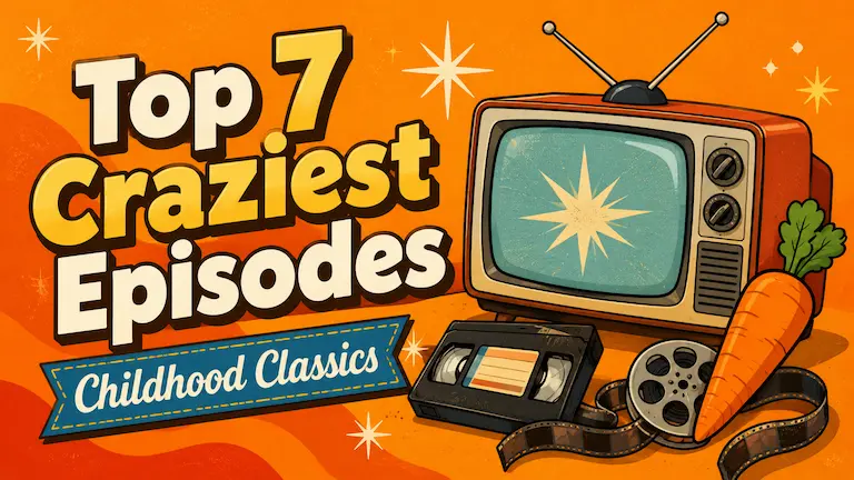 Top 7 craziest episodes - retro TV, VHS tape, film strip and carrot as symbols of classic cartoon nostalgia