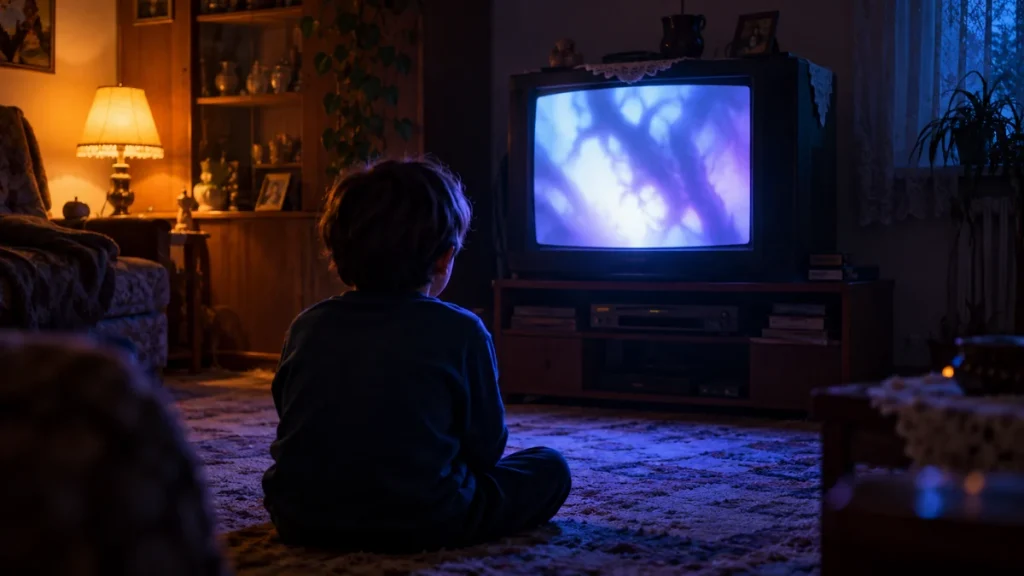 Dete gleda CRT televizor u polumračnoj sobi dok se na ekranu vide nejasne senke.