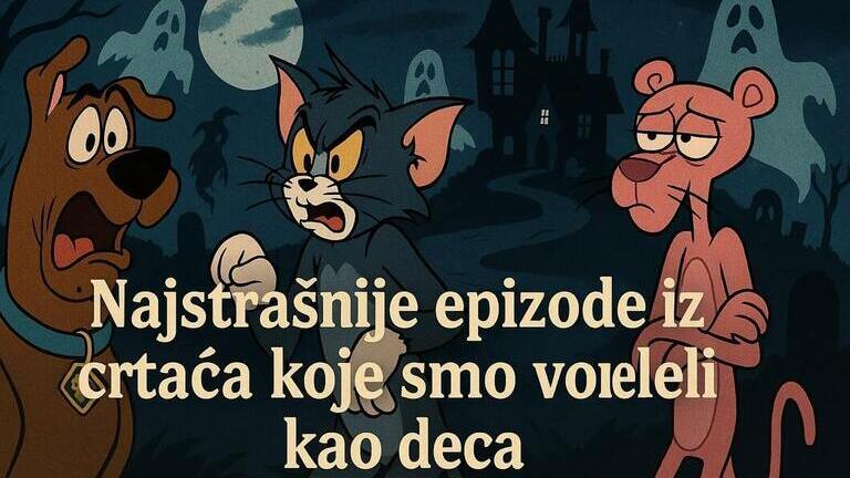 Ilustracija crtane noćne more sa likovima iz Scooby-Doo, Tom i Džeri i Pink Pantera, u tamnoj atmosferi sa duhovima i strašnim ambijentom.