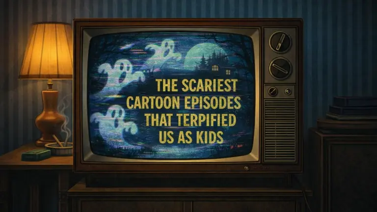 Scariest cartoon episodes that terrified us as kids shown on a retro CRT television with a spooky forest background