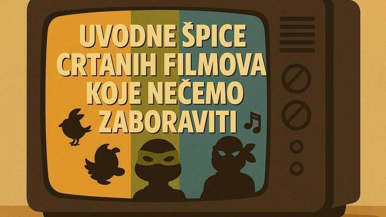 Retro CRT televizor sa šarenim prugama i siluetama, naslov Uvodne špice crtanih filmova