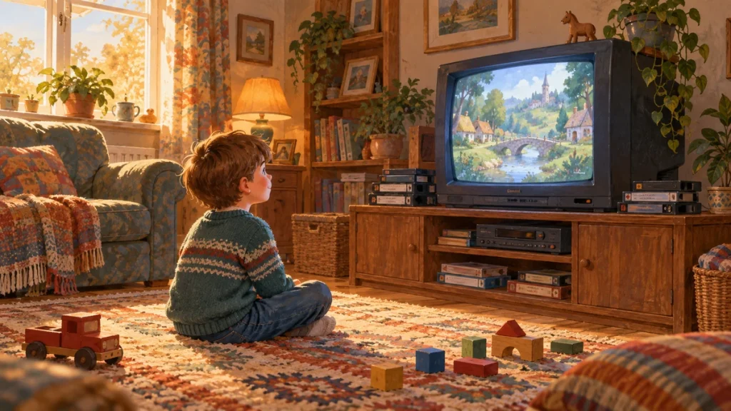 Child watching cartoons on a CRT television in a cosy 1990s living room