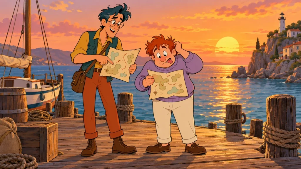 Two cartoon explorers studying maps on a wooden pier at sunset