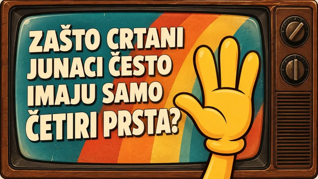 Žuta crtana šaka sa četiri prsta ispred ekrana retro televizora sa naslovom članka.