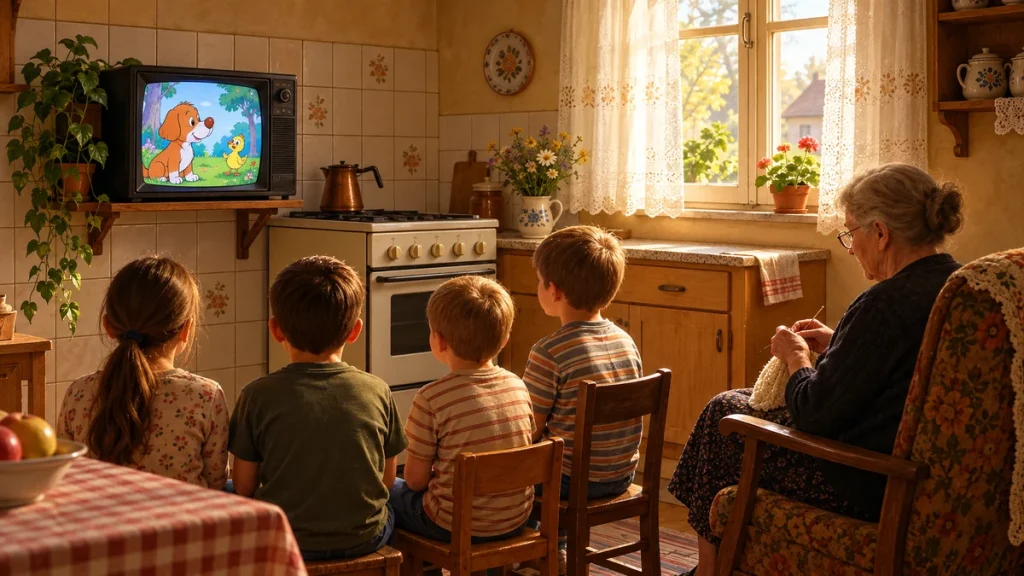 Deca gledaju jutarnje crtane filmove na starom televizoru u kuhinji dok baka plete