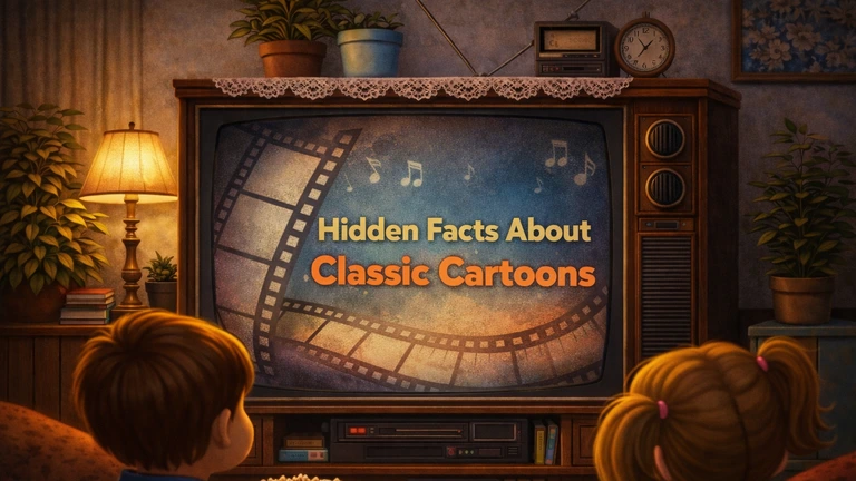 Hidden Facts About Classic Cartoons displayed on a vintage CRT television in a nostalgic retro living room