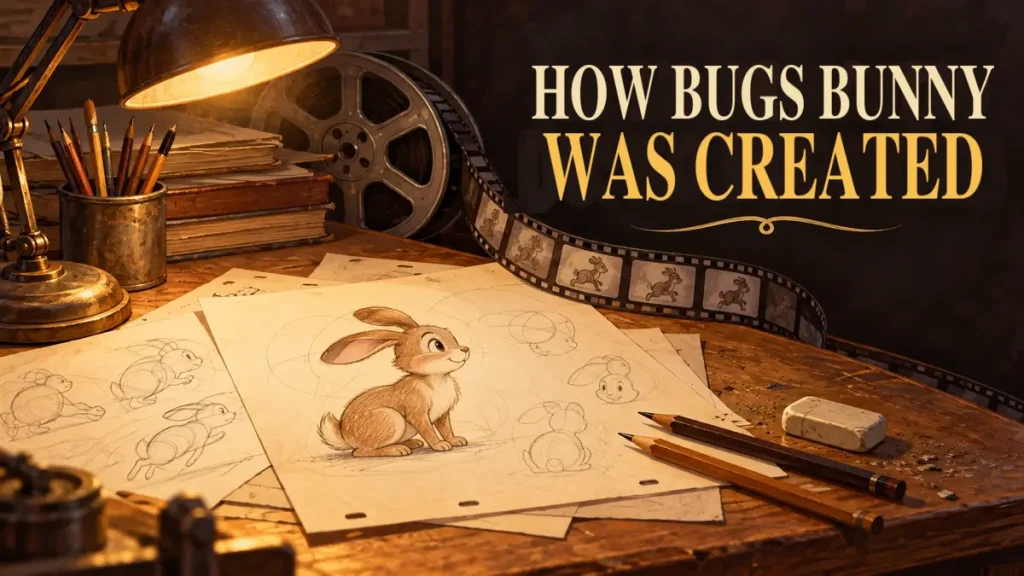 Illustrated animation desk with rabbit sketches, a film reel and the headline “How Bugs Bunny Was Created”.