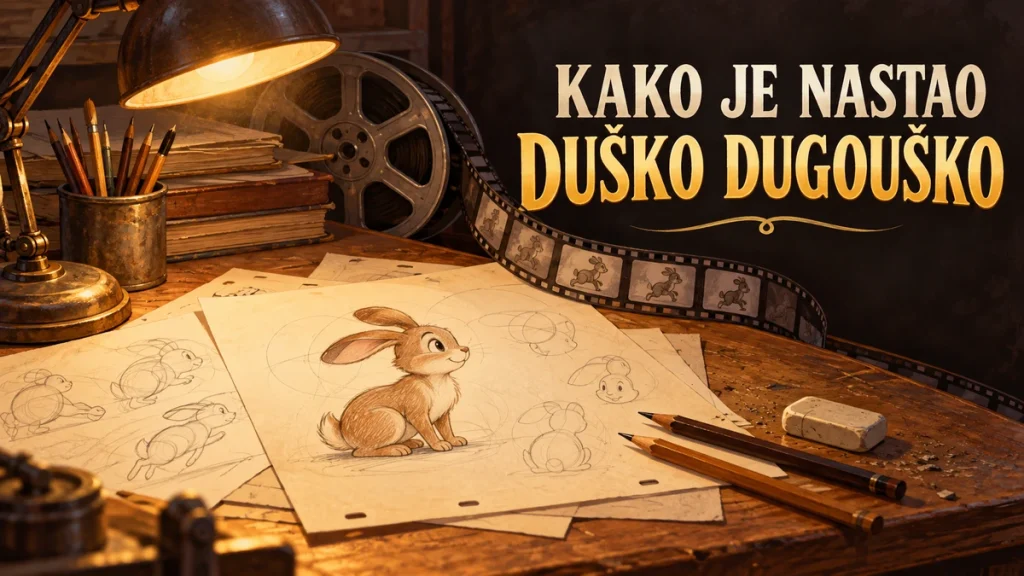 Animatorski sto sa crtežima zeca, filmskom trakom i naslovom „Kako je nastao Duško Dugouško“.