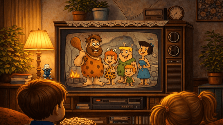 Prehistoric cartoon family illustration on retro CRT television inspired by The Flintstones