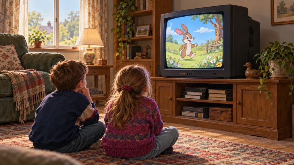 Dvoje dece gleda crtani film na starom CRT televizoru u dnevnoj sobi