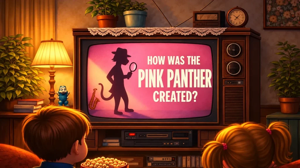 Children watching a CRT television with a pink screen and a detective silhouette in a warm retro living room