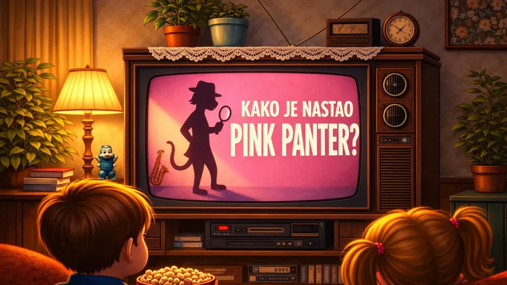Deca gledaju stari CRT televizor sa natpisom „Kako je nastao Pink Panter?“ u retro dnevnoj sobi