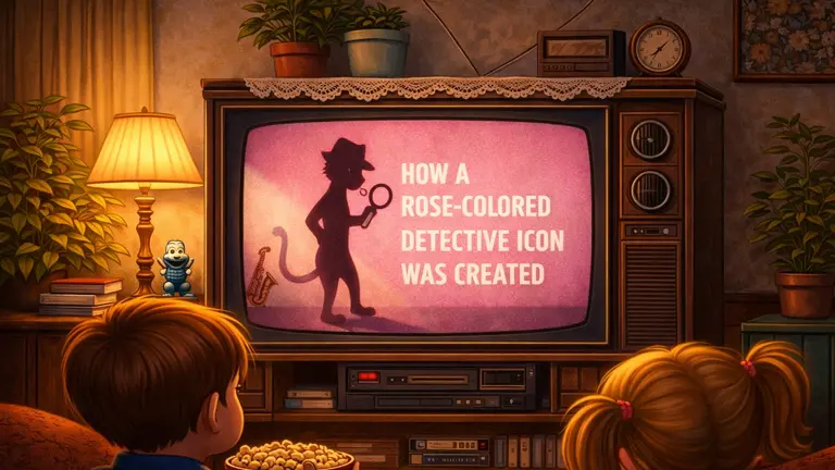Pink detective cartoon silhouette on retro CRT television screen
