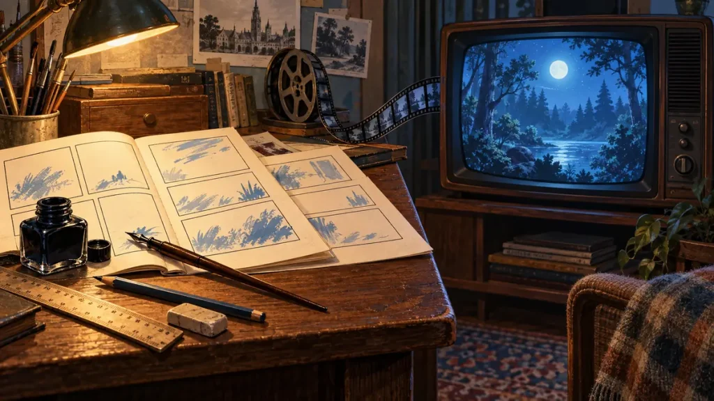 Comic pages, film reels and a CRT television illustrating the Smurfs’ journey from Peyo’s 1958 comic to animation