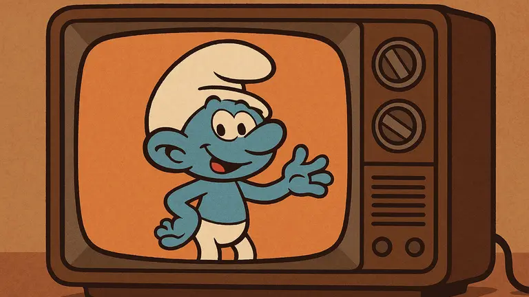 The Smurfs displayed on a vintage CRT television in a retro illustration