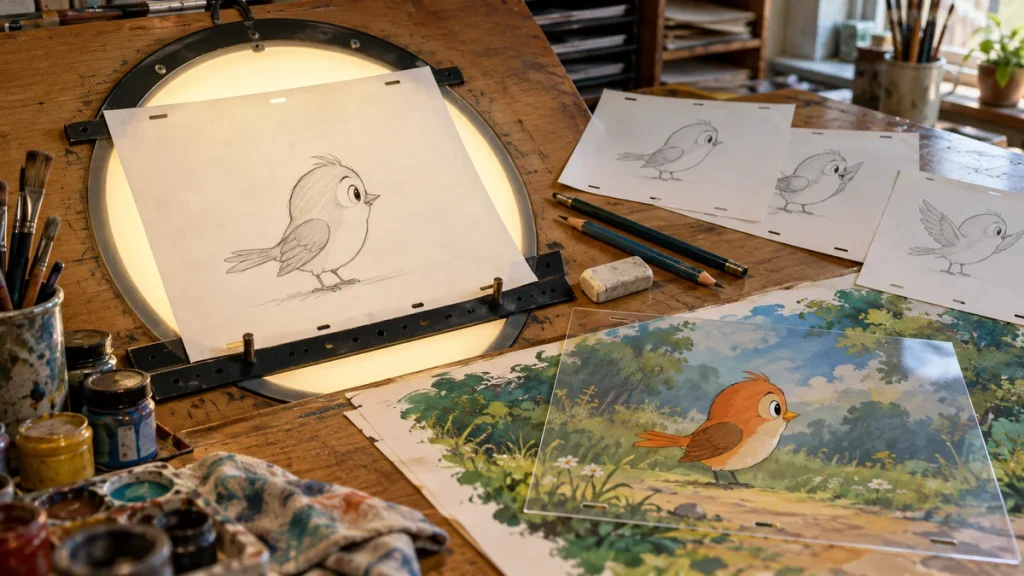 Illustration of a traditional animation desk with bird drawings, a light table and a painted cel