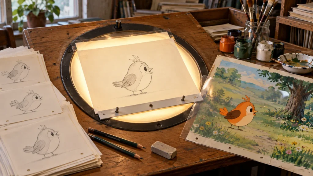 Ilustracija animatorskog stola sa osvetljenom pločom, crtežima ptice i obojenom folijom preko pejzaža