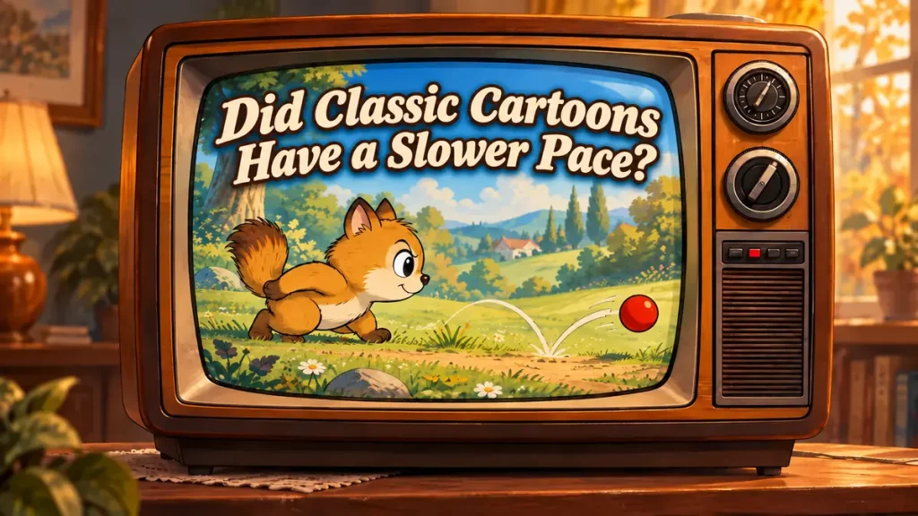 Vintage wooden CRT television showing an orange cartoon character, a red ball and a headline about classic cartoon pacing.