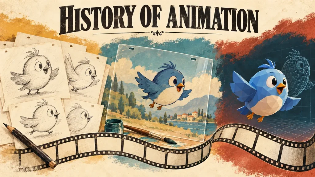 History of animation illustrated through pencil sketches, a painted cel and a low-poly 3D bird.
