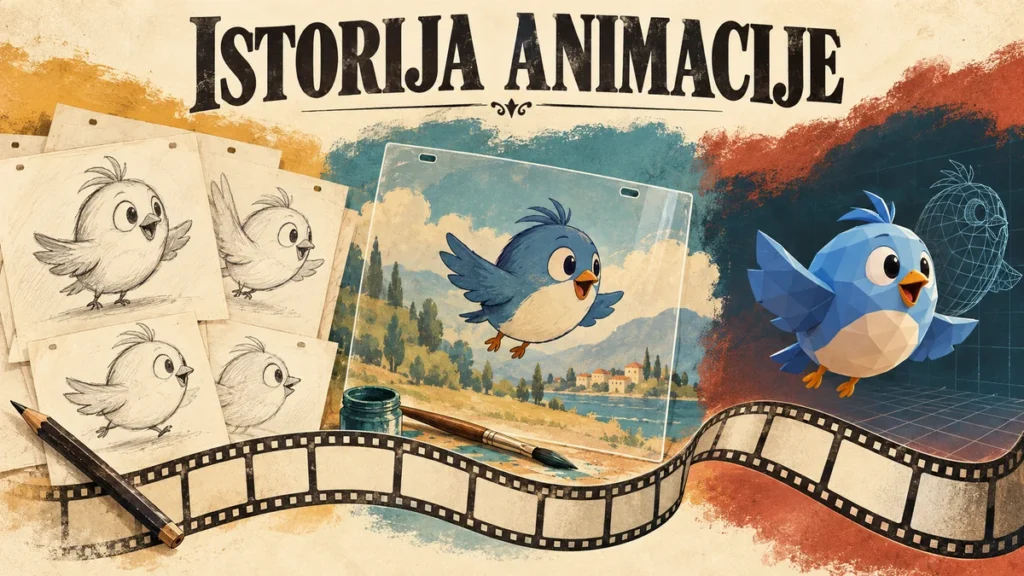 Ilustracija razvoja animacije sa skicama ptice, likom na providnoj foliji i digitalnim 3D modelom, uz naslov „Istorija animacije“.