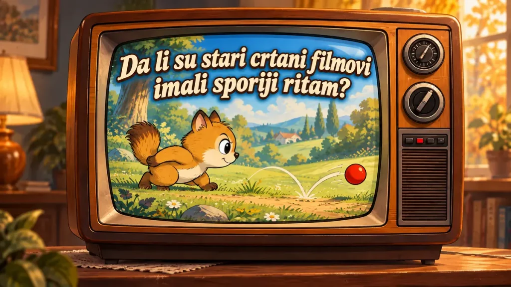 Drveni CRT televizor sa crtanim junakom, crvenom loptom i naslovom „Da li su stari crtani filmovi imali sporiji ritam?“