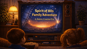 80s family adventure cinema theme displayed on a vintage CRT television in a nostalgic retro living room
