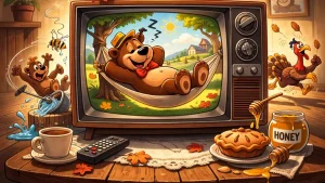 Retro CRT television displaying a vintage-style cartoon bear relaxing in a hammock, inspired by classic MGM animation.