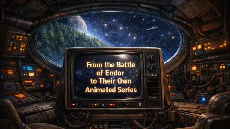 From the Battle of Endor to Their Own Animated Series displayed on a retro CRT television inside a spaceship