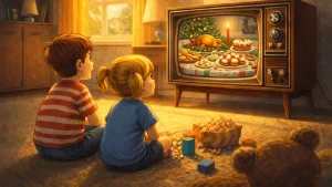 Festive Christmas dinner table displayed inside a vintage CRT television in a cozy sunlit living room