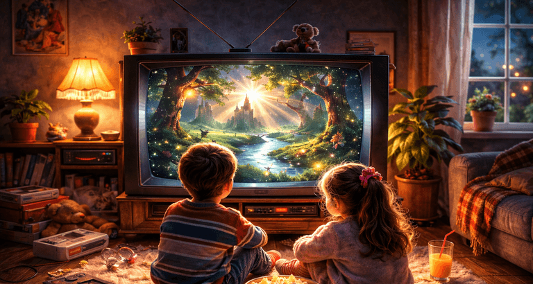 Children watching a CRT television showing a magical forest, symbolizing classic fairy tales being changed over time