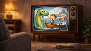 Retro CRT televizor u dnevnoj sobi iz 60-ih sa animiranom morskom avanturom, morskim čudovištem, dečakom mornarom i odraslim naučnikom