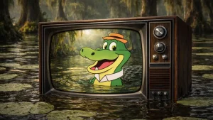 Crtani aligator prikazan na ekranu starog CRT televizora koji pliva u realnoj močvari