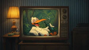 Duško Dugouško Roda 1959 crtani film prikazan na retro CRT televizoru sa animiranom scenom rode u džungli