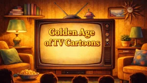 Retro ilustracija inspirisana Hanna-Barbera crtanim filmovima prikazana na CRT televizoru