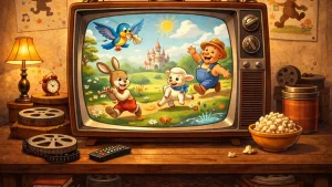 Vintage CRT television displaying a colorful 1930s-style fairy tale cartoon scene with cheerful animal characters in a nostalgic setting.