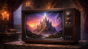 Retro ilustracija fantastičnog zamka prikazanog na ekranu starog CRT televizora inspirisana animacijama 80-ih