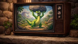 Retro ilustracija praistorijskog ambijenta u starom CRT televizoru inspirisana crtanim filmom Porodica Kremenko