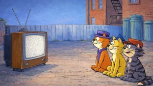 Retro cartoon illustration of alley cats watching a vintage CRT television in an urban setting
