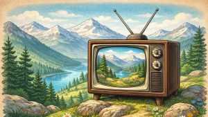 Retro CRT televizor postavljen na planinskom vrhu sa prikazom planinskog pejzaža, jezera i snežnih vrhova.