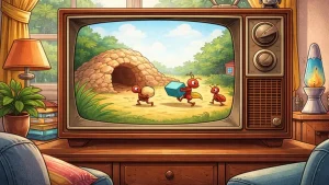 Retro CRT television displaying a classic-style cartoon anthill scene with ants in a sunny morning living room